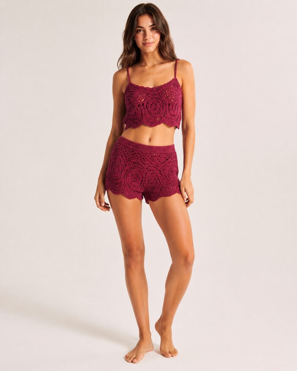 Zara Crochet Knit Two-Piece Crop Top & High-Waist Shorts Set Women SM Burgundy